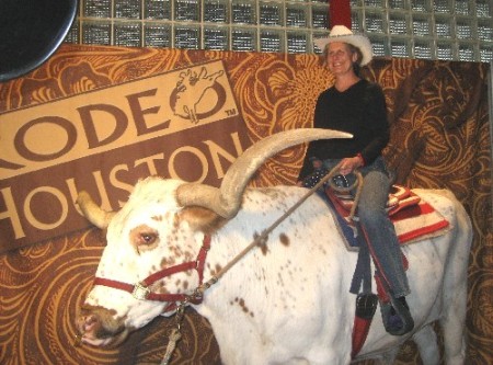 Diane riding the longhorn steer