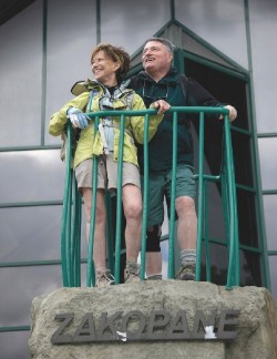 Linda (left) and Harvey Weiner at Zakopane, Poland, beginning a hike up the High Tatras.